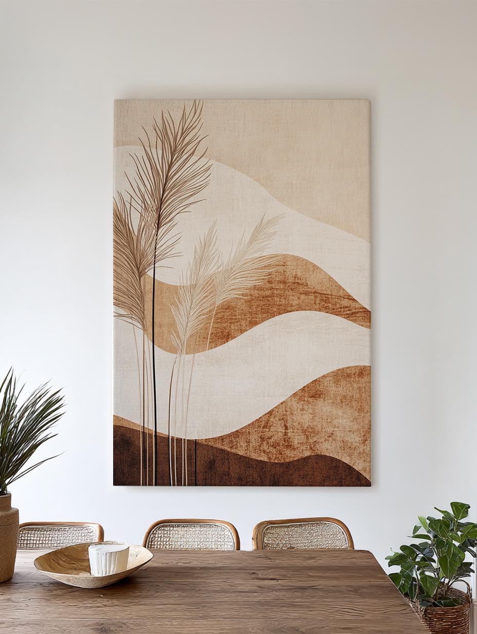 Pampas Grass Botanical Canvas Art | Abstract Line Print | Japandi Wall Art For Living Room | Cream Espresso Art Vertical Canvas