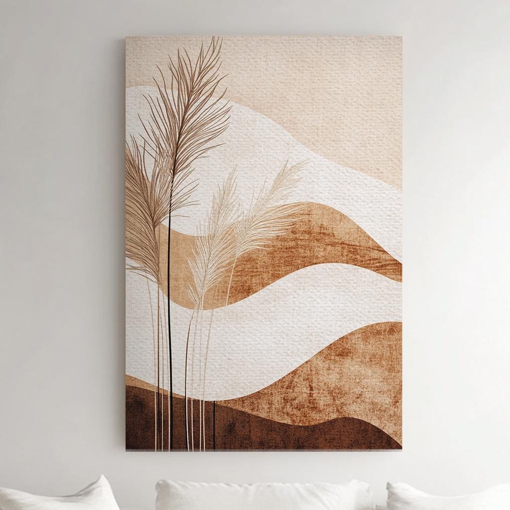 Pampas Grass Botanical Canvas Art | Abstract Line Print | Japandi Wall Art For Living Room | Cream Espresso Art Vertical Canvas