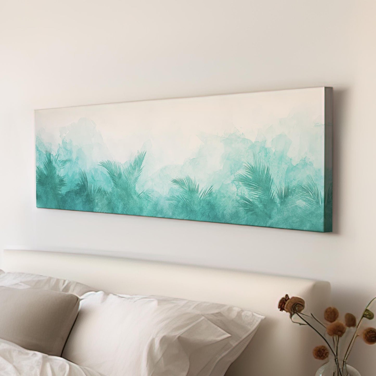 Palm Fronds Watercolor Canvas Art | Abstract Impressionism Print | Biophilic Wall Art For Living Room | Seafoam Green Art Panoramic Wall Art