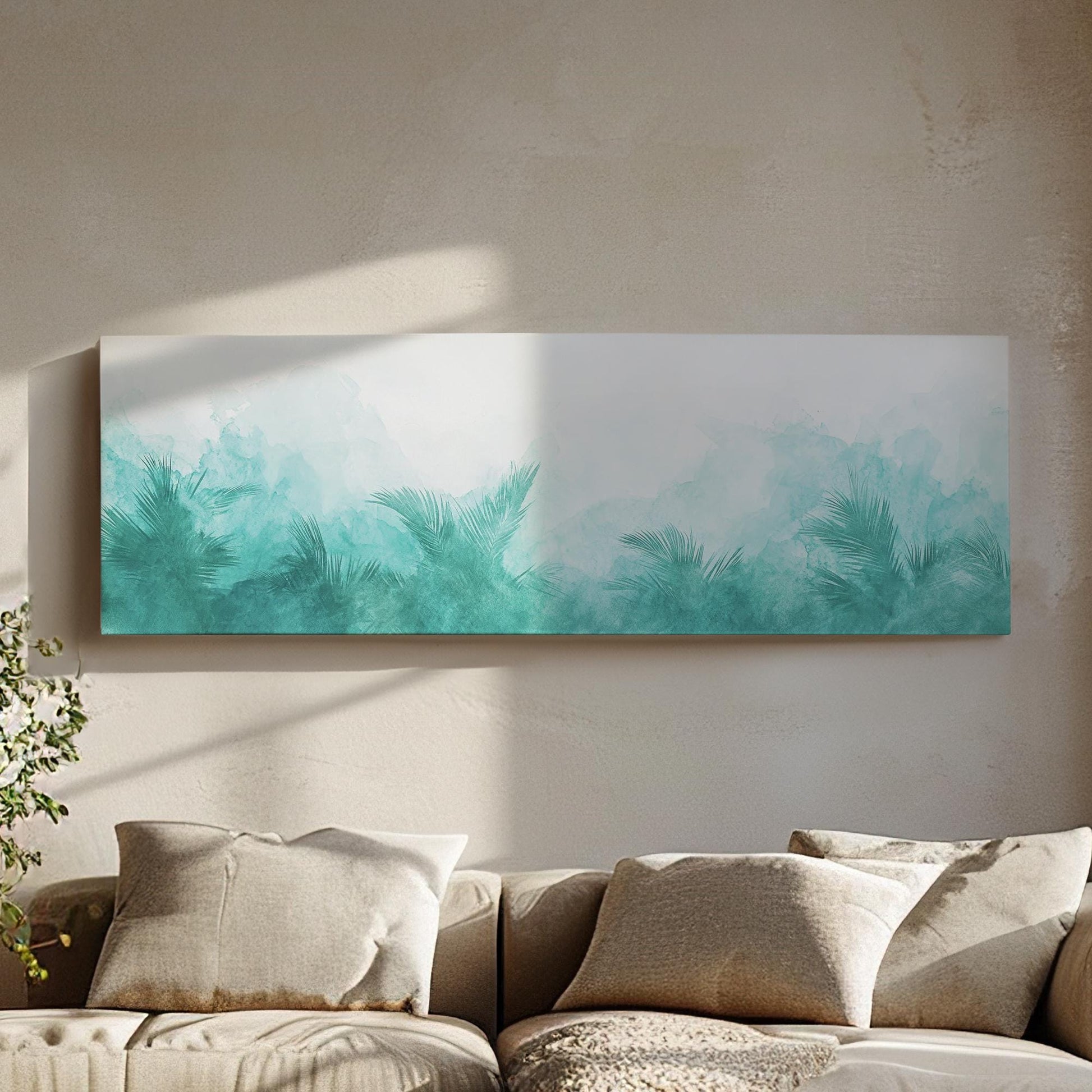Palm Fronds Watercolor Canvas Art | Abstract Impressionism Print | Biophilic Wall Art For Living Room | Seafoam Green Art Panoramic Wall Art