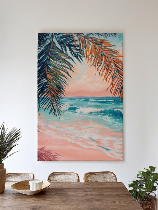 Palm Fronds Ocean Canvas Art | Impasto Textural Print | Coastal Bohemian Wall Art For Living Room | Blush Pink Sand Art Vertical Canvas