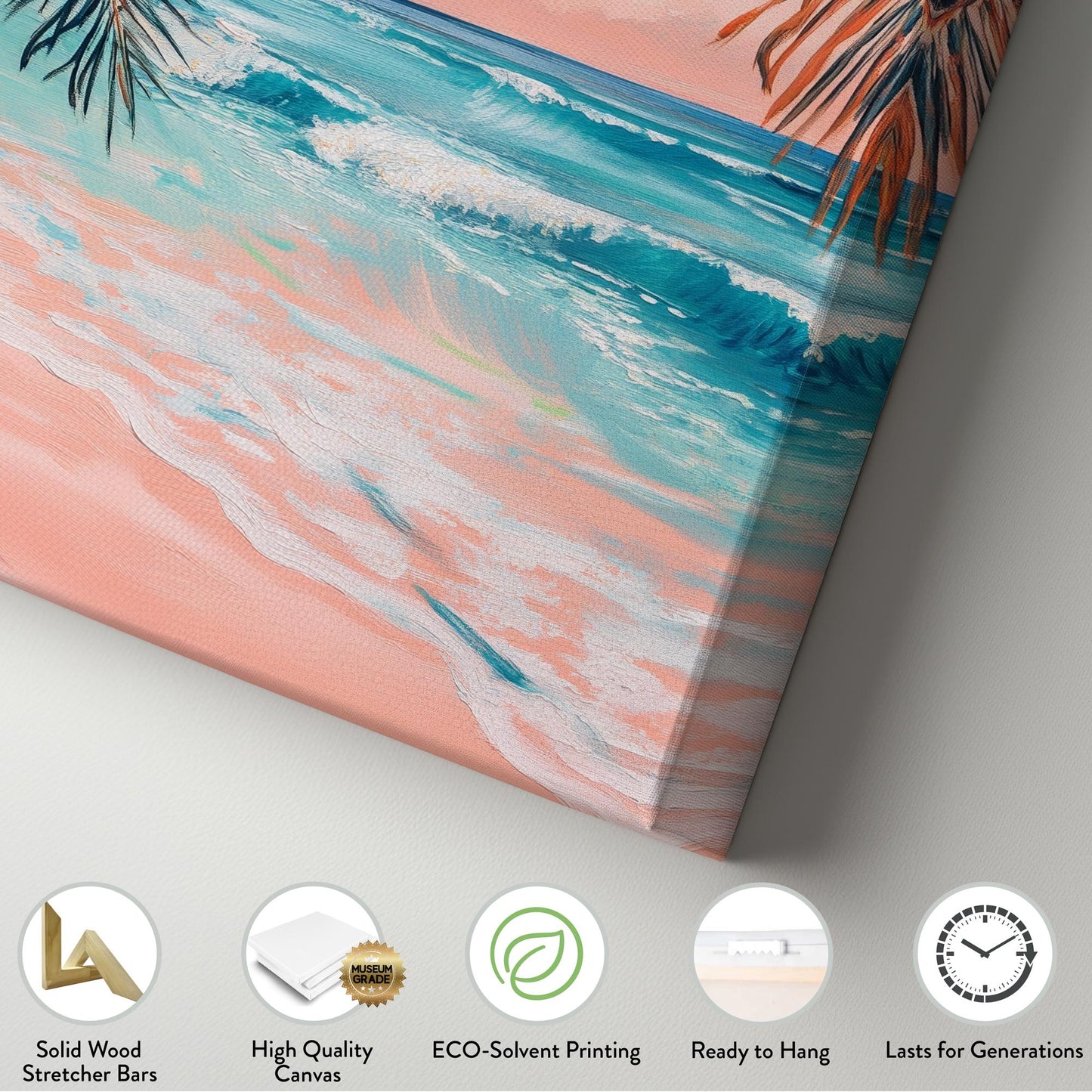 Palm Fronds Ocean Canvas Art | Impasto Textural Print | Coastal Bohemian Wall Art For Living Room | Blush Pink Sand Art Vertical Canvas