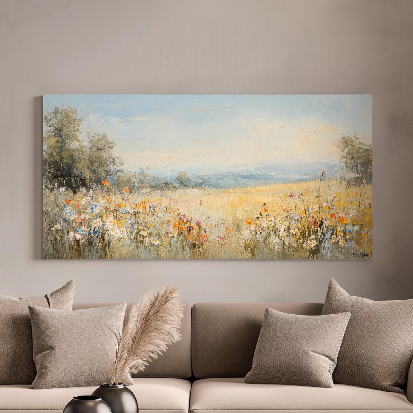 Painterly Wildflower Meadow Canvas Art | Impasto Impressionism Print | Bohemian Wall Art For Living Room Horizontal Art