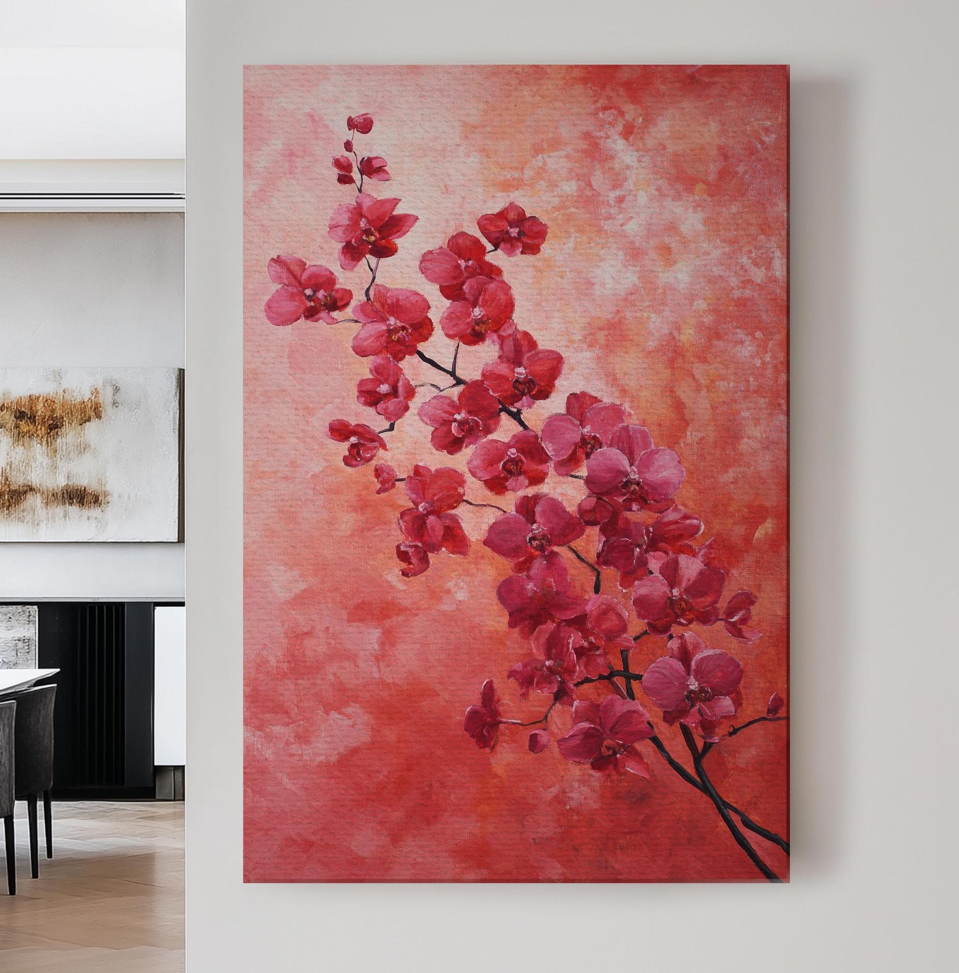Orchid Blossom Canvas Art | Impasto Print | Bohemian Wall Art For Living Room | Coral Sunset Art | Zen Decor Vertical Canvas