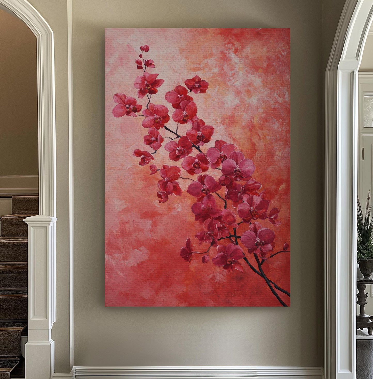 Orchid Blossom Canvas Art | Impasto Print | Bohemian Wall Art For Living Room | Coral Sunset Art | Zen Decor Vertical Canvas