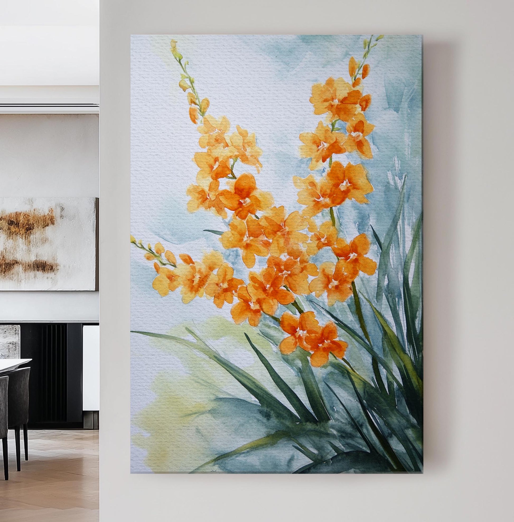 Orange Orchid Watercolor Canvas Art | Loose Botanical Print | Tranquil Zen Wall Art For Living Room | Tangerine Burst Art Vertical Canvas