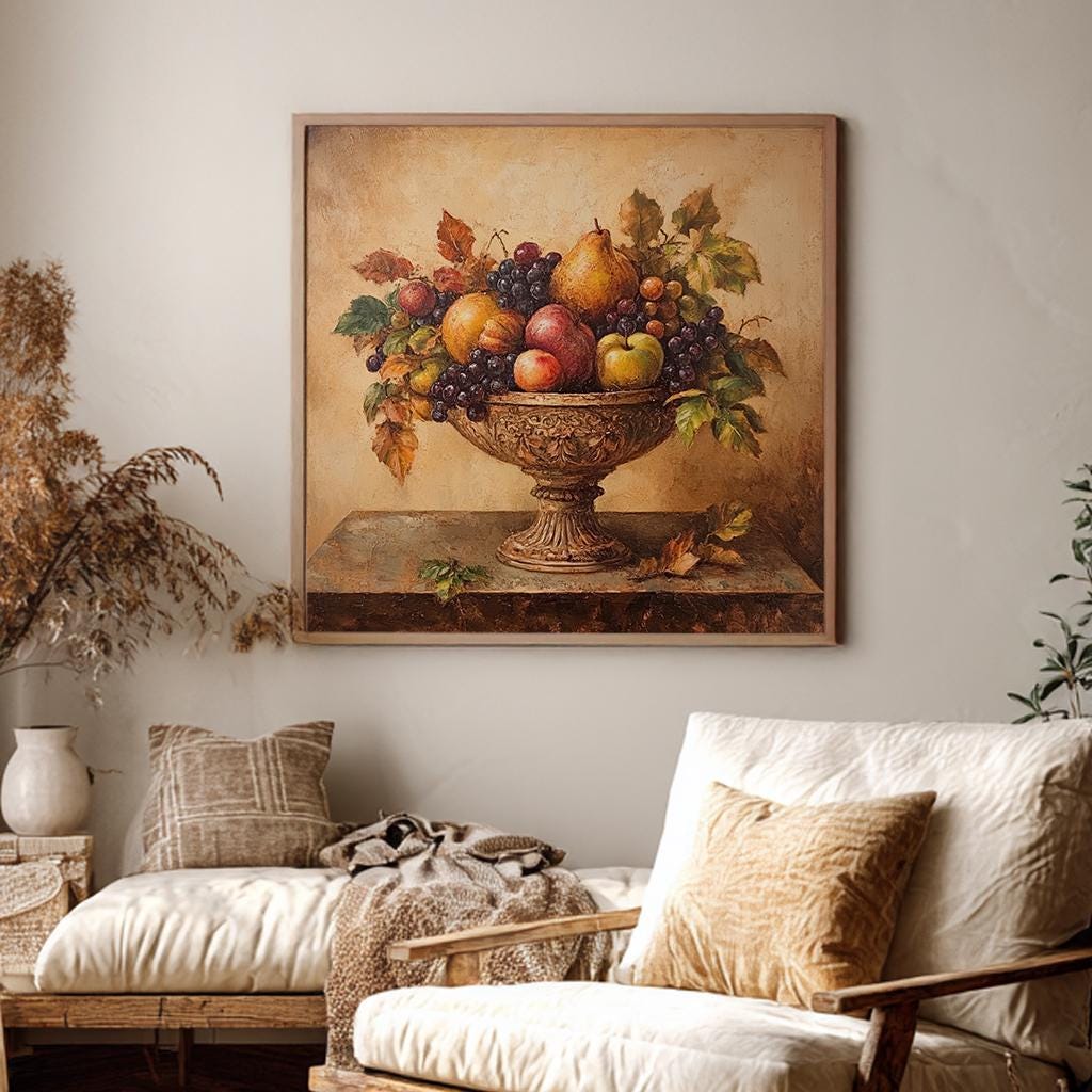 Opulent Fruit Bowl Canvas Art | Impasto Print | Transitional Wall Art For Dining Room | Auburn Gold Art Square Canvas Art