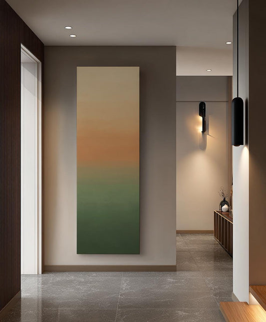 Ombre Sunset Canvas Art | Subtle Gradient Print | Tranquil Minimalist Wall Art For Living Room | Sage and Apricot Art Long Vertical Art