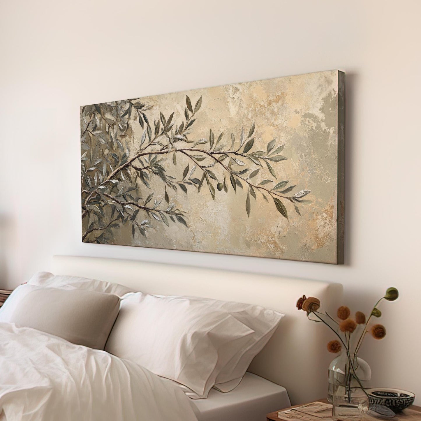 Olive Branch Canvas Art | Impasto Print | Bohemian Wall Art For Living Room | Sage Green Art | Tranquil Decor Horizontal Art
