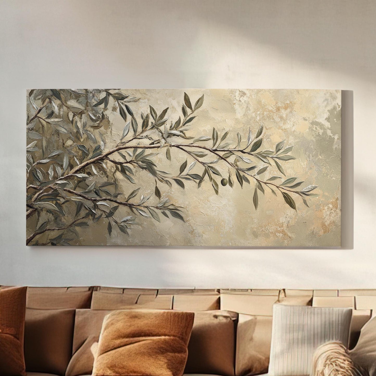 Olive Branch Canvas Art | Impasto Print | Bohemian Wall Art For Living Room | Sage Green Art | Tranquil Decor Horizontal Art