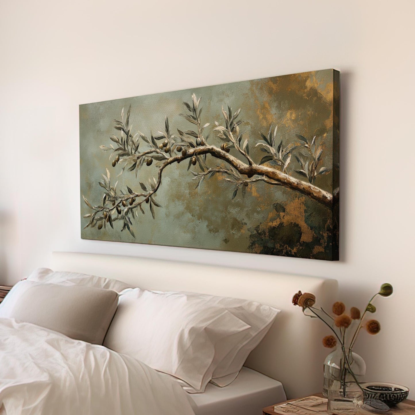 Olive Branch Canvas Art | Impasto Oil Print | Transitional Wall Art For Living Room | Sage Green Art | Modern Farmhouse Decor Horizontal Art