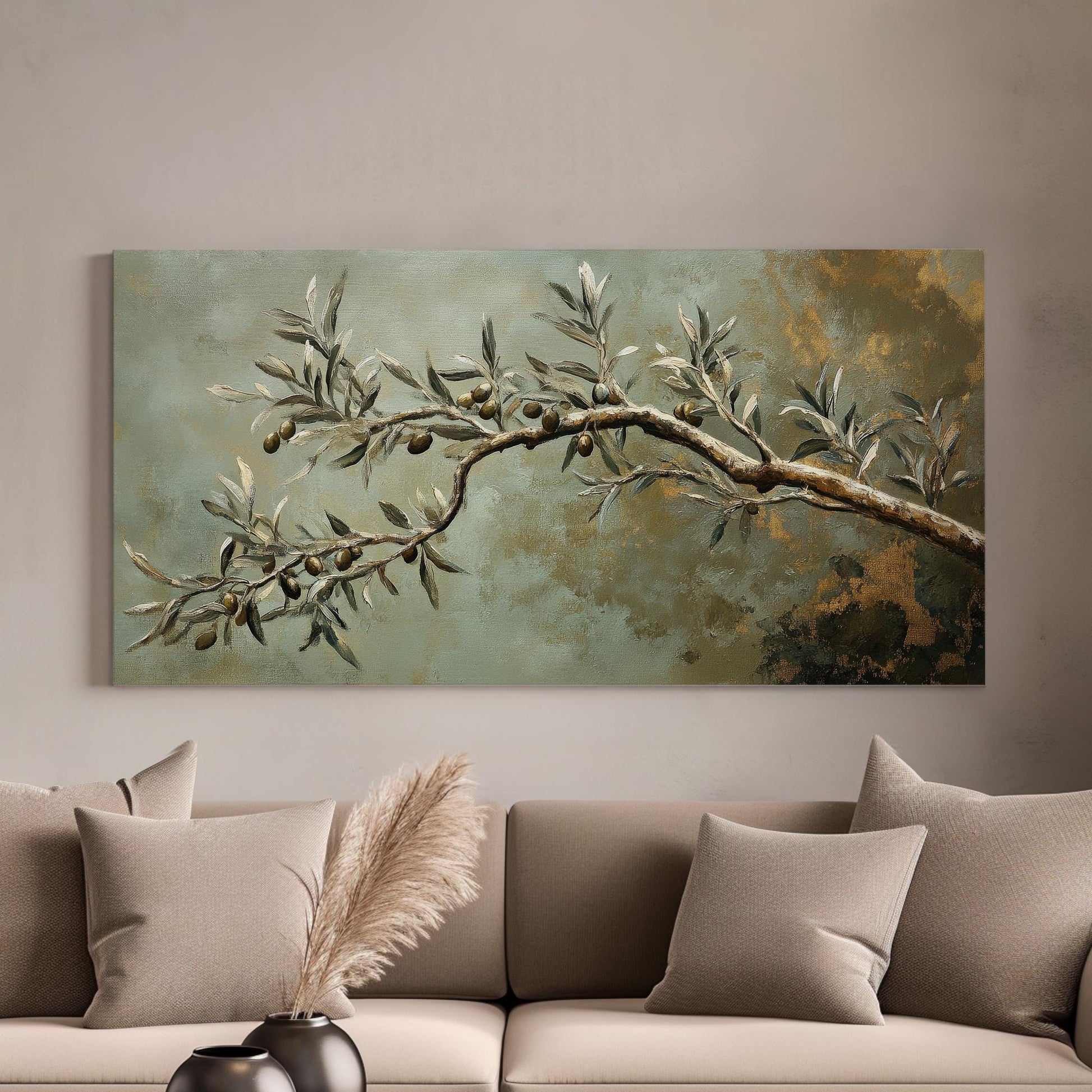 Olive Branch Canvas Art | Impasto Oil Print | Transitional Wall Art For Living Room | Sage Green Art | Modern Farmhouse Decor Horizontal Art