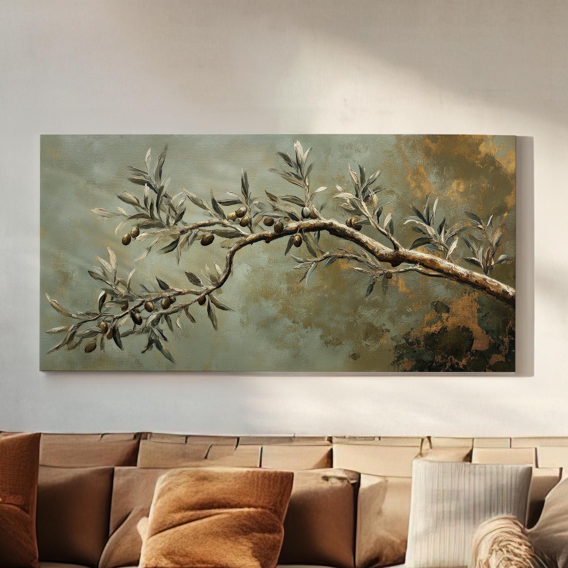 Olive Branch Canvas Art | Impasto Oil Print | Transitional Wall Art For Living Room | Sage Green Art | Modern Farmhouse Decor Horizontal Art
