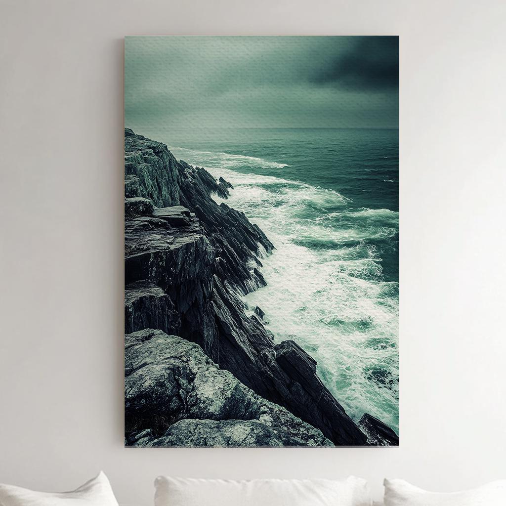 Oceanside Cliffs Canvas Art | Coastal Dramatic Print | Wabi Sabi Wall Art For Living Room | Stormy Seafoam Art Vertical Canvas