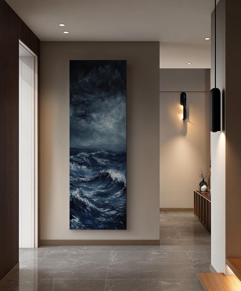 Oceanic Storm Canvas Art | Impasto Impressionism Print | Coastal Modern Wall Art For Living Room | Steel Blue Art Long Vertical Art