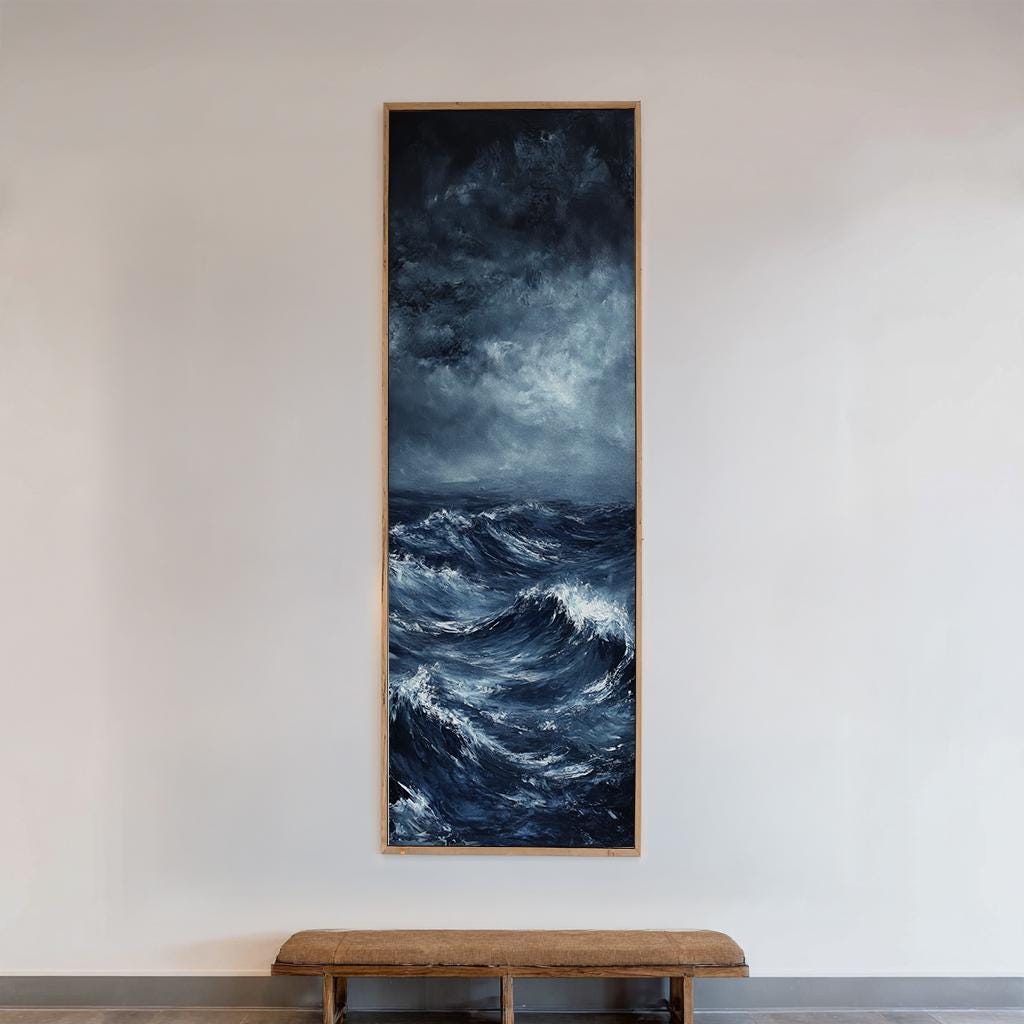 Oceanic Storm Canvas Art | Impasto Impressionism Print | Coastal Modern Wall Art For Living Room | Steel Blue Art Long Vertical Art