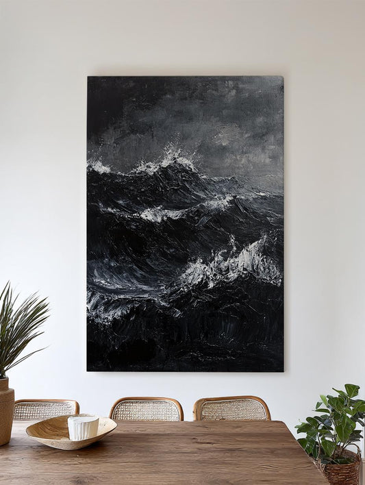 Oceanic Impasto Canvas Art | Dramatic Seascape Print | Coastal Modern Wall Art For Living Room | Charcoal Oyster Art Vertical Canvas