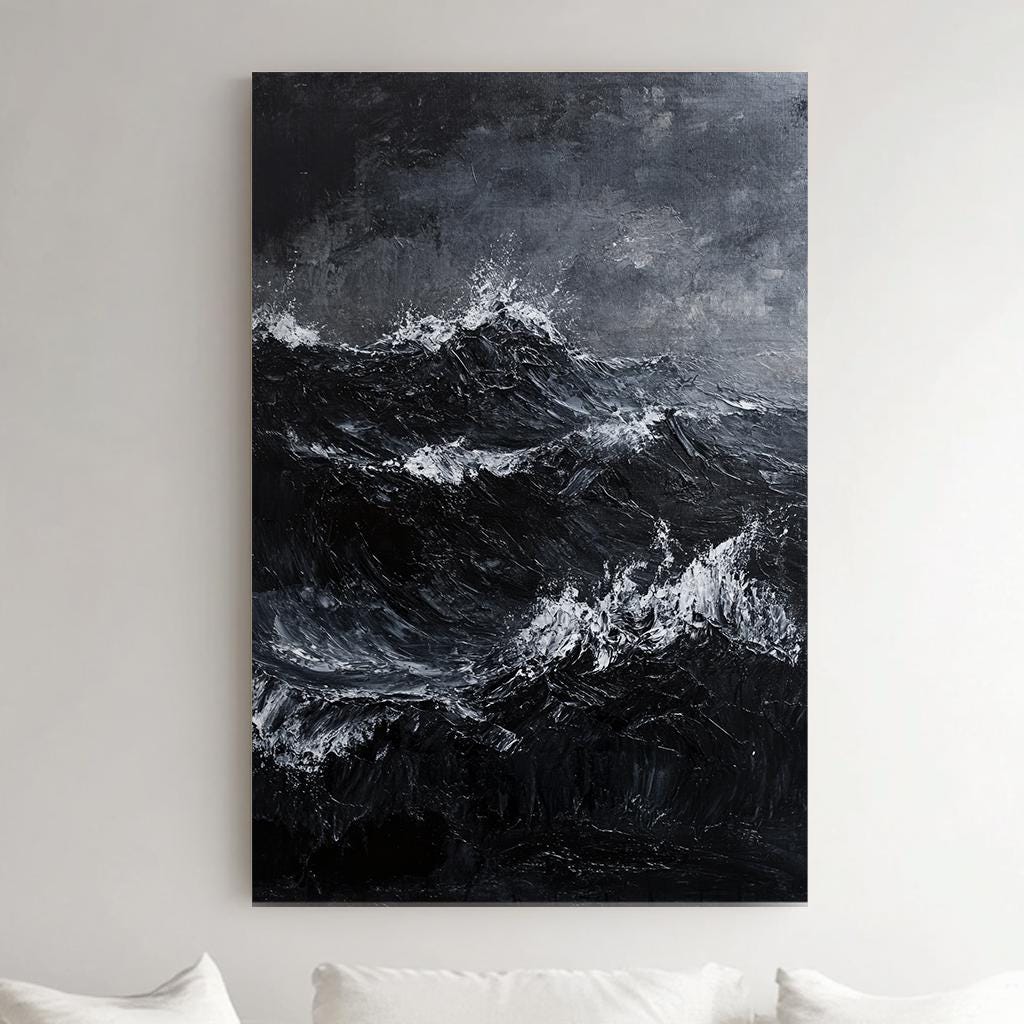 Oceanic Impasto Canvas Art | Dramatic Seascape Print | Coastal Modern Wall Art For Living Room | Charcoal Oyster Art Vertical Canvas