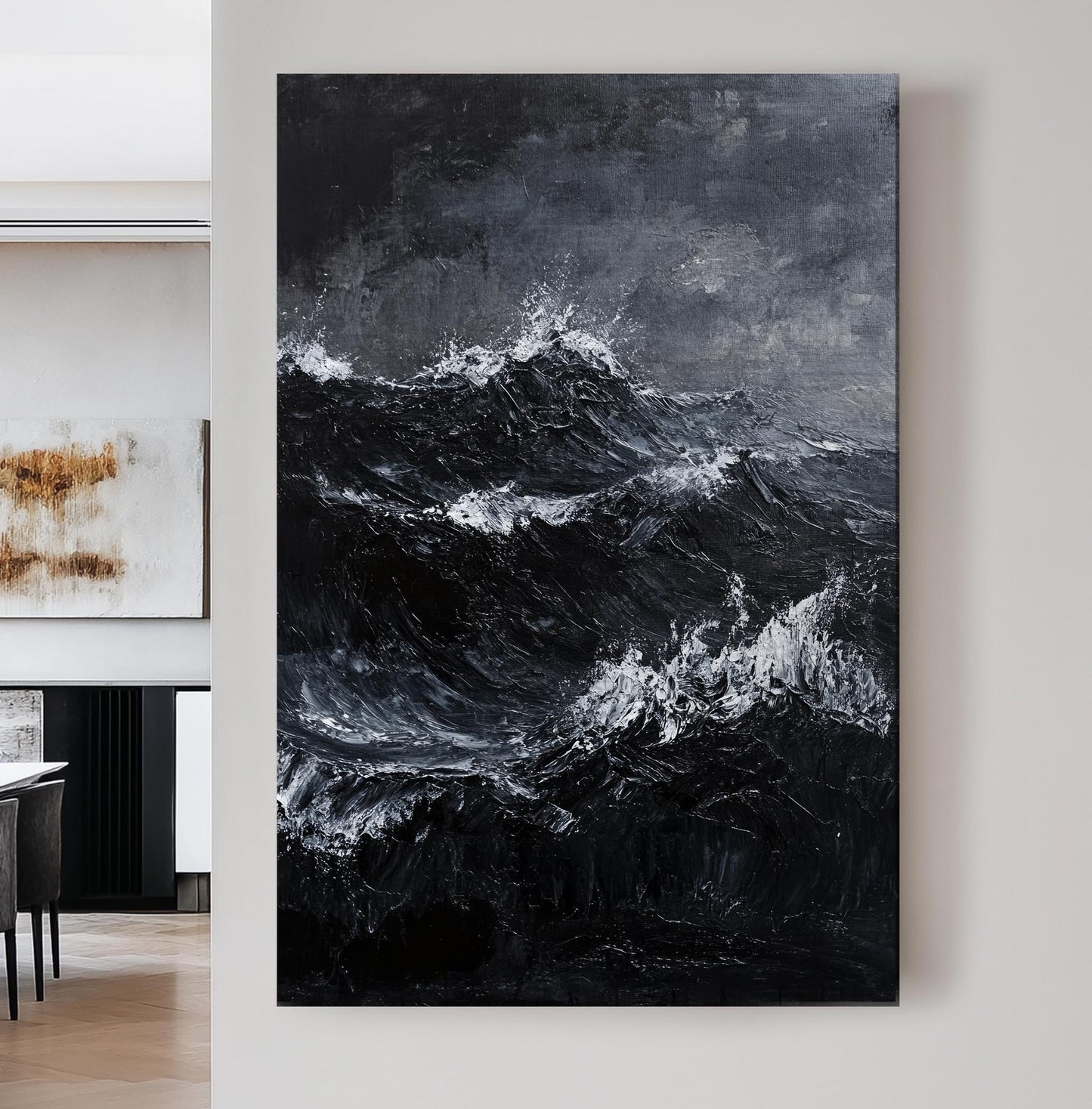 Oceanic Impasto Canvas Art | Dramatic Seascape Print | Coastal Modern Wall Art For Living Room | Charcoal Oyster Art Vertical Canvas