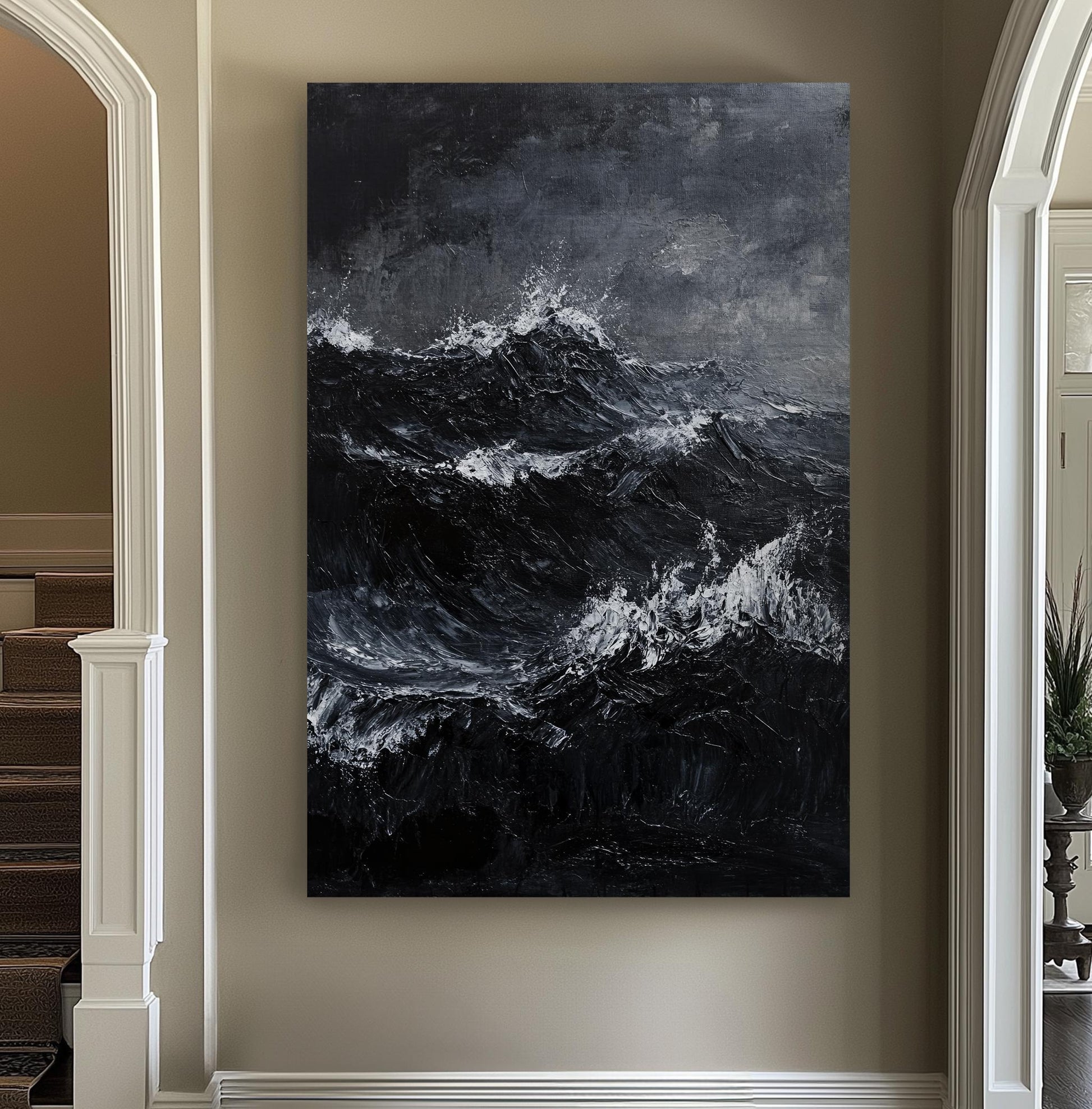 Oceanic Impasto Canvas Art | Dramatic Seascape Print | Coastal Modern Wall Art For Living Room | Charcoal Oyster Art Vertical Canvas
