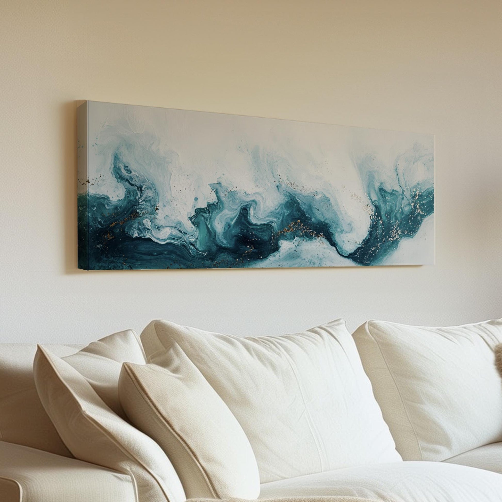Oceanic Flow Canvas Art | Pouring Acrylic Print | Biophilic Wall Art For Living Room | Serene Teal Art Panoramic Wall Art