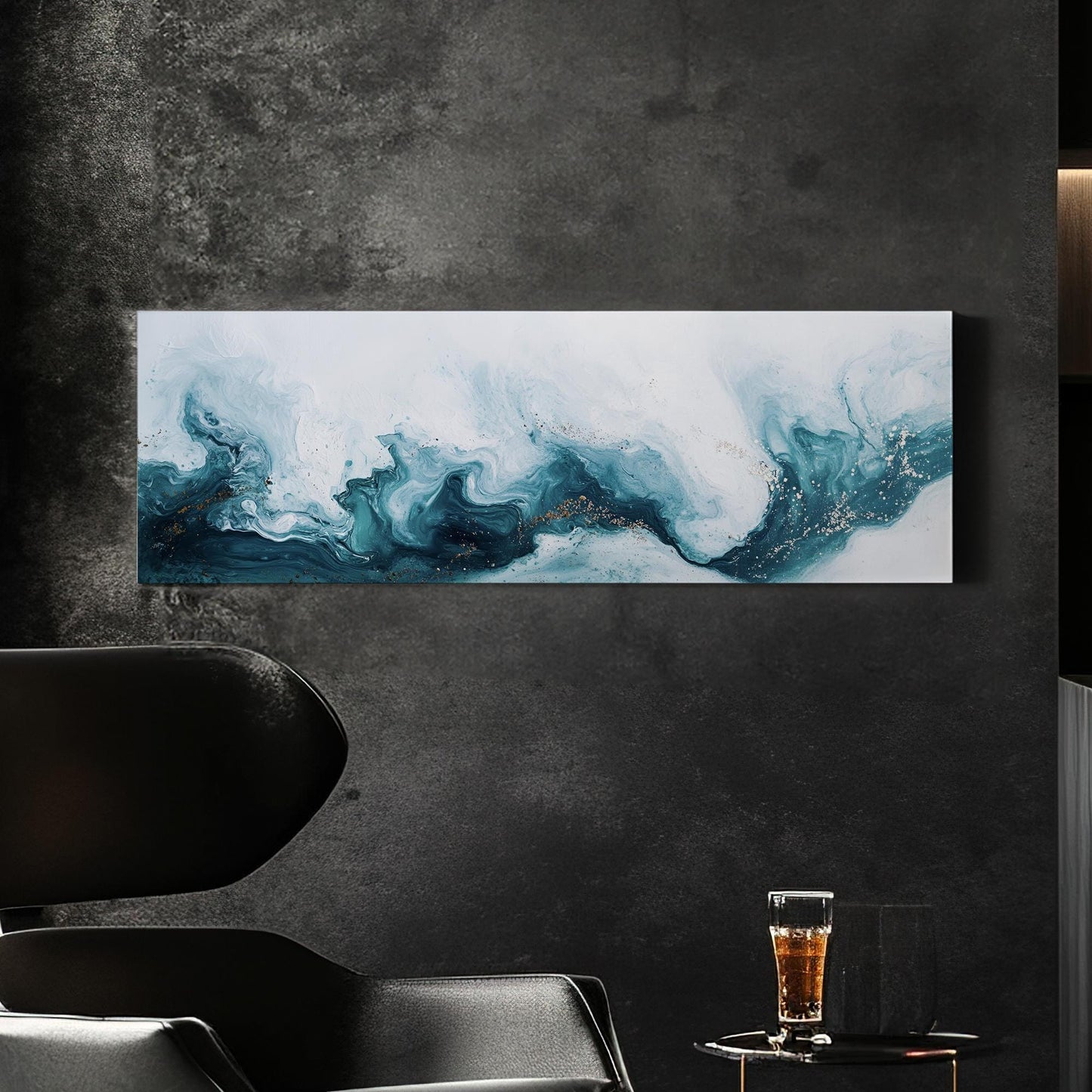 Oceanic Flow Canvas Art | Pouring Acrylic Print | Biophilic Wall Art For Living Room | Serene Teal Art Panoramic Wall Art