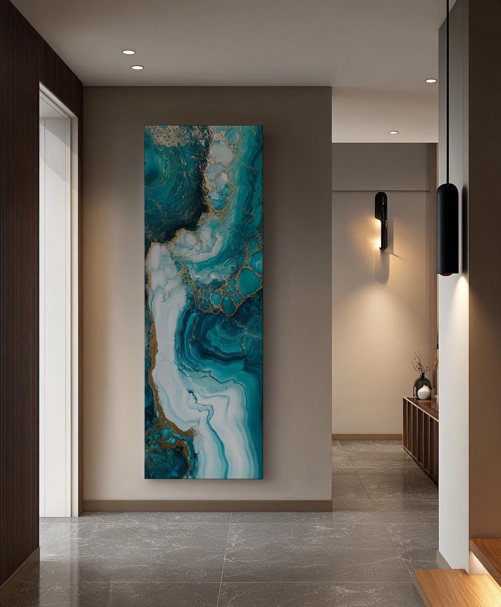 Oceanic Dreamscape Canvas Art | Alcohol Ink Print | Biophilic Wall Art For Living Room | Serene Teal Champagne Gold Art Long Vertical Art