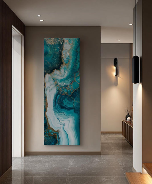 Oceanic Dreamscape Canvas Art | Alcohol Ink Print | Biophilic Wall Art For Living Room | Serene Teal Champagne Gold Art Long Vertical Art