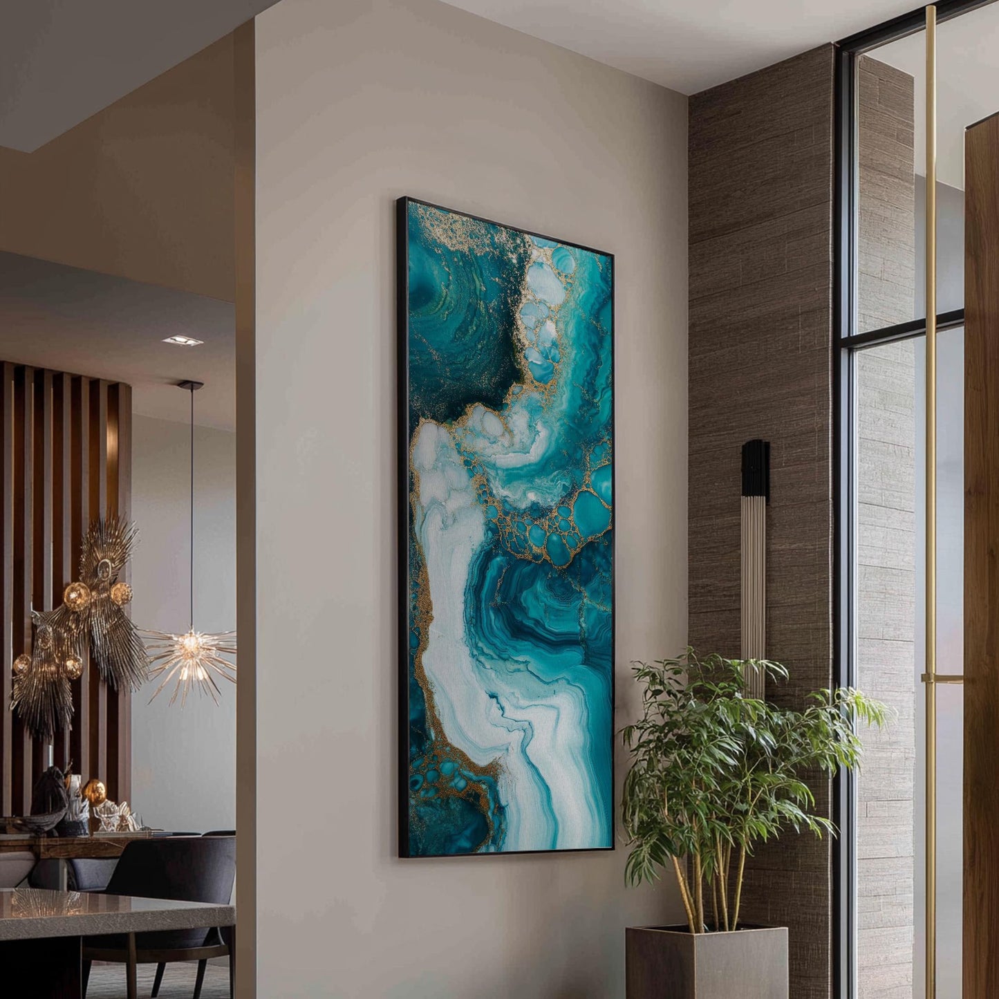 Oceanic Dreamscape Canvas Art | Alcohol Ink Print | Biophilic Wall Art For Living Room | Serene Teal Champagne Gold Art Long Vertical Art