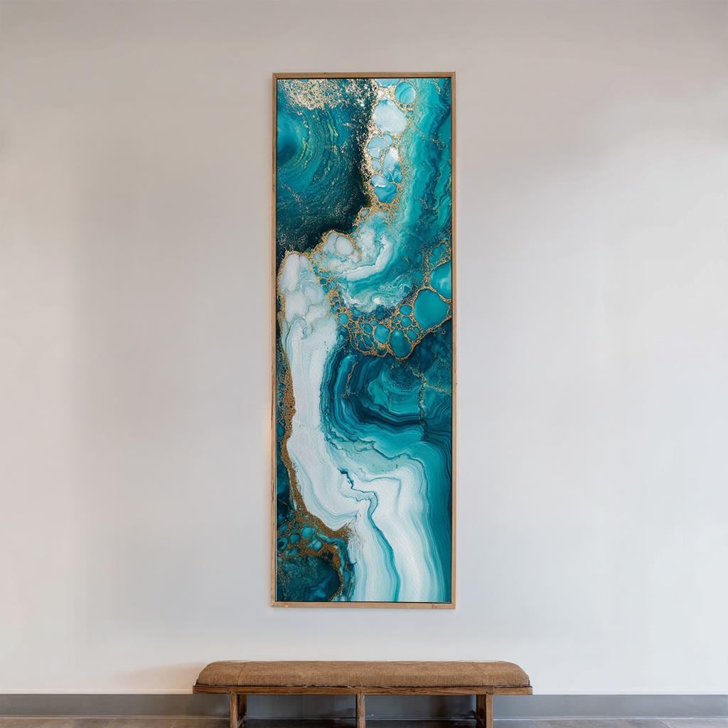 Oceanic Dreamscape Canvas Art | Alcohol Ink Print | Biophilic Wall Art For Living Room | Serene Teal Champagne Gold Art Long Vertical Art
