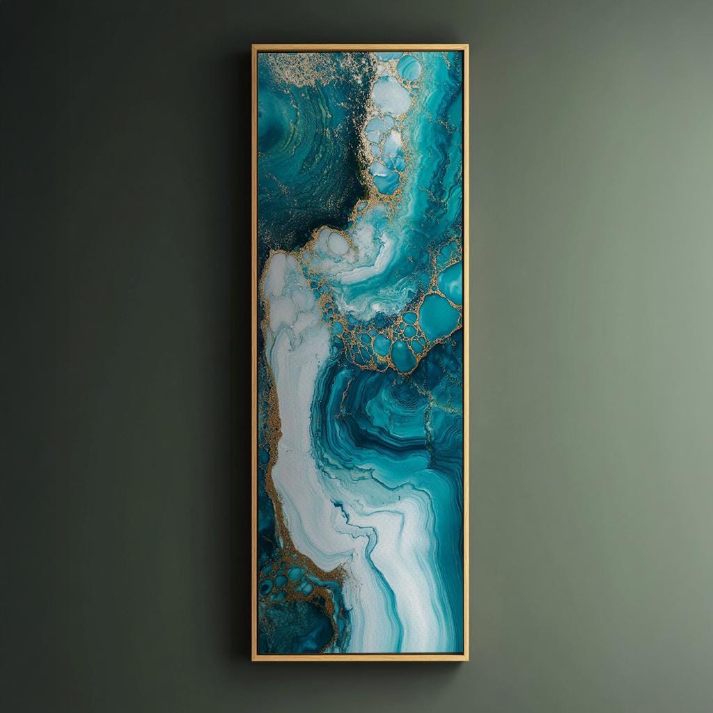 Oceanic Dreamscape Canvas Art | Alcohol Ink Print | Biophilic Wall Art For Living Room | Serene Teal Champagne Gold Art Long Vertical Art