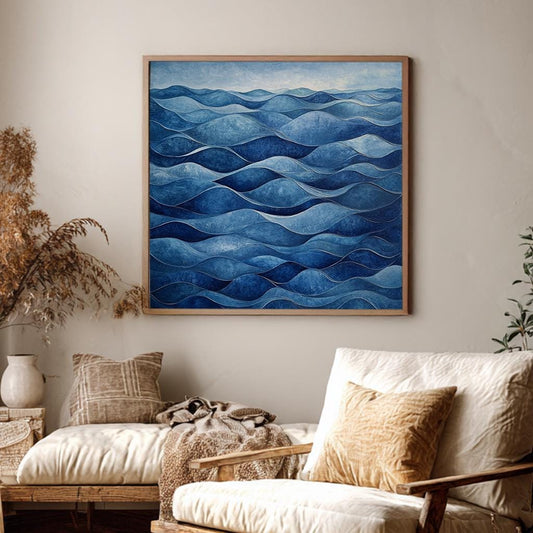 Oceanic Depth Canvas Art | Impasto Textured Print | Coastal Bohemian Wall Art For Living Room | Cerulean Blue Art Square Canvas Art