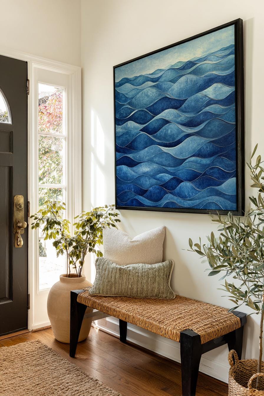Oceanic Depth Canvas Art | Impasto Textured Print | Coastal Bohemian Wall Art For Living Room | Cerulean Blue Art Square Canvas Art