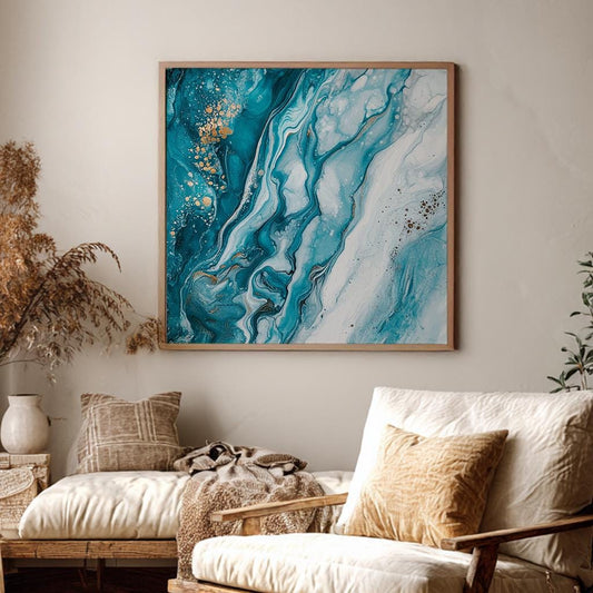 Oceanic Abstract Canvas Art | Fluid Acrylic Pour Print | Coastal Living Room Wall Art For Living Room Square Canvas Art