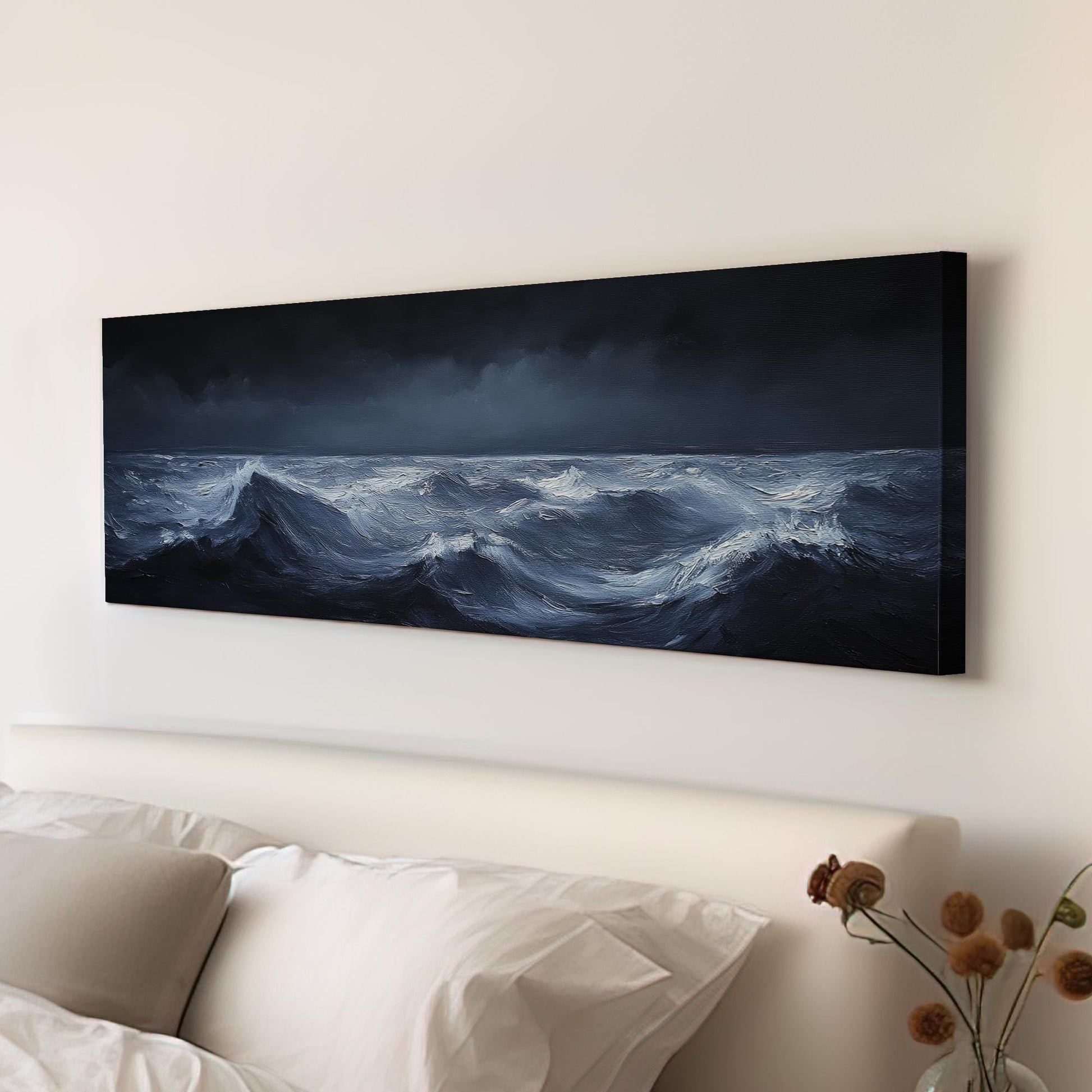 Ocean Waves Canvas Art | Impasto Palette Knife Print | Coastal Minimalist Wall Art For Living Room | Steel Blue Art Panoramic Wall Art
