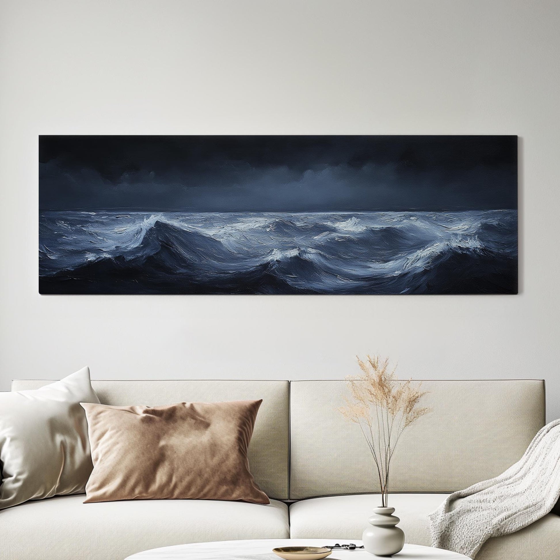 Ocean Waves Canvas Art | Impasto Palette Knife Print | Coastal Minimalist Wall Art For Living Room | Steel Blue Art Panoramic Wall Art