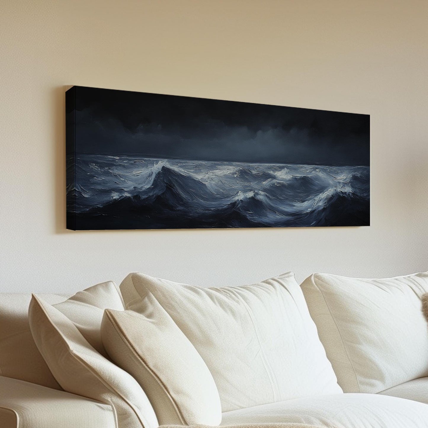 Ocean Waves Canvas Art | Impasto Palette Knife Print | Coastal Minimalist Wall Art For Living Room | Steel Blue Art Panoramic Wall Art