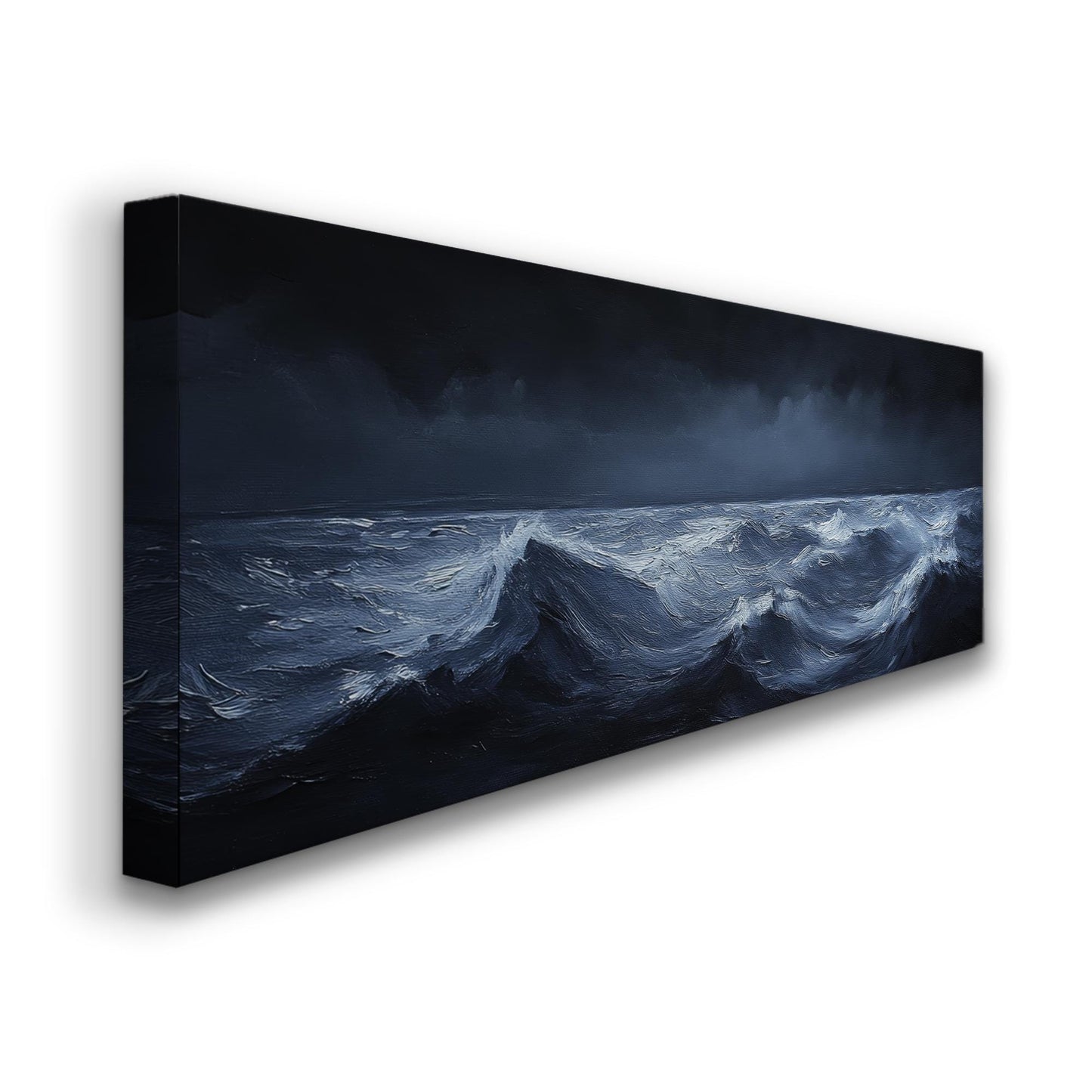 Ocean Waves Canvas Art | Impasto Palette Knife Print | Coastal Minimalist Wall Art For Living Room | Steel Blue Art Panoramic Wall Art