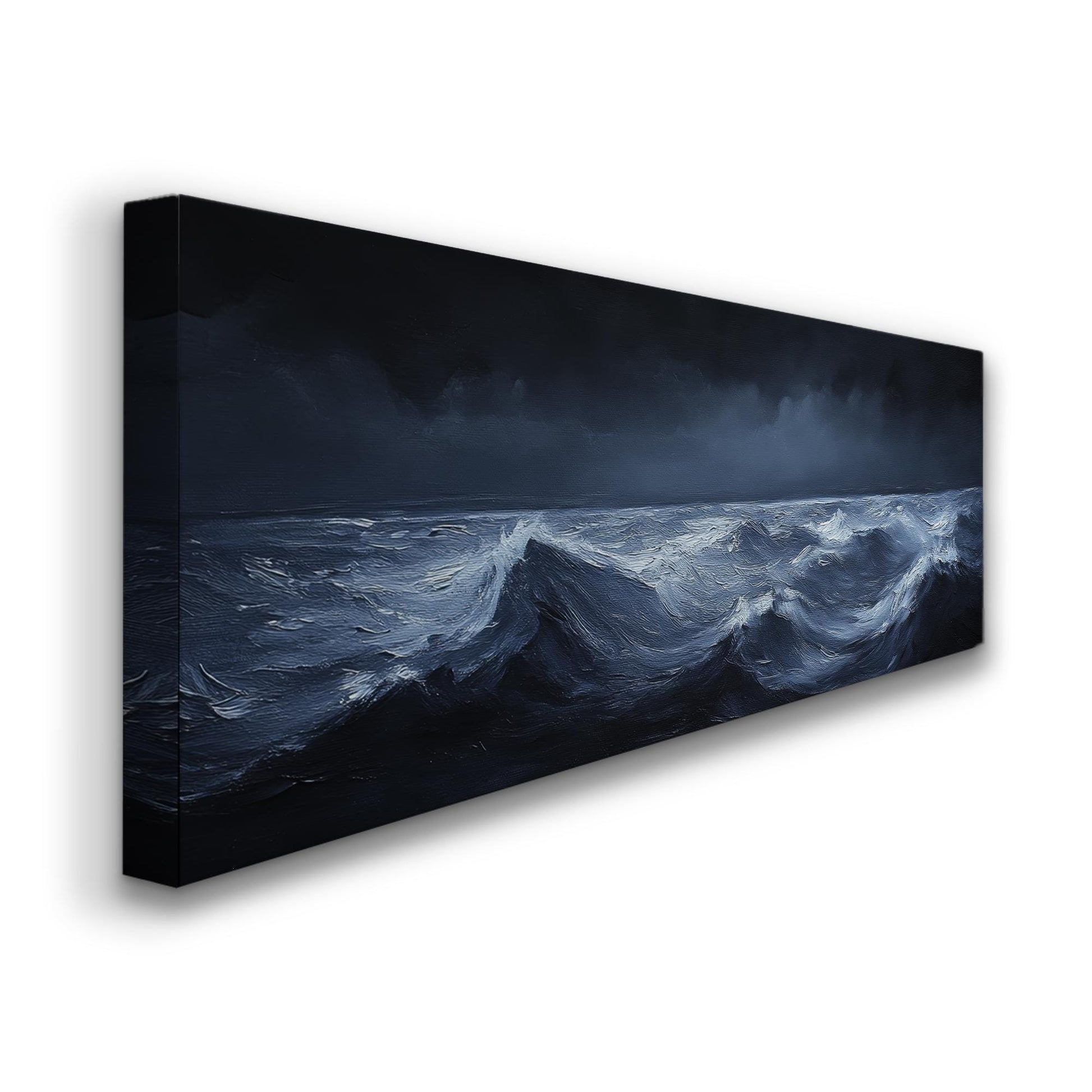 Ocean Waves Canvas Art | Impasto Palette Knife Print | Coastal Minimalist Wall Art For Living Room | Steel Blue Art Panoramic Wall Art