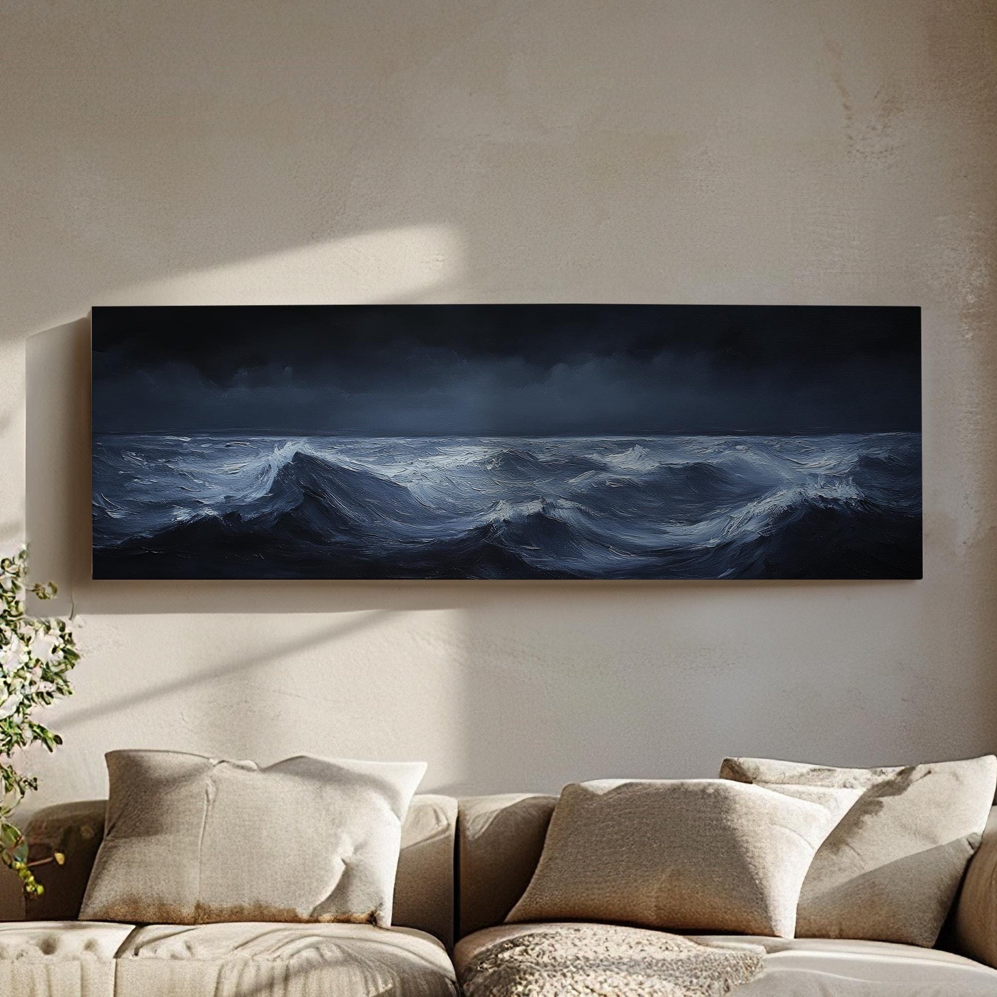 Ocean Waves Canvas Art | Impasto Palette Knife Print | Coastal Minimalist Wall Art For Living Room | Steel Blue Art Panoramic Wall Art