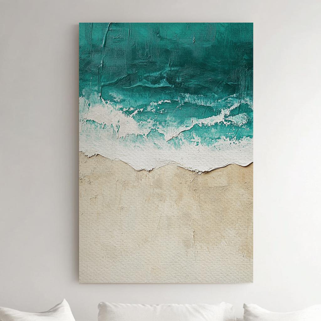 Ocean Wave Impasto Canvas Art | Textural Seascape Print | Coastal Bohemian Wall Art For Living Room | Seashell Beige Art Vertical Canvas
