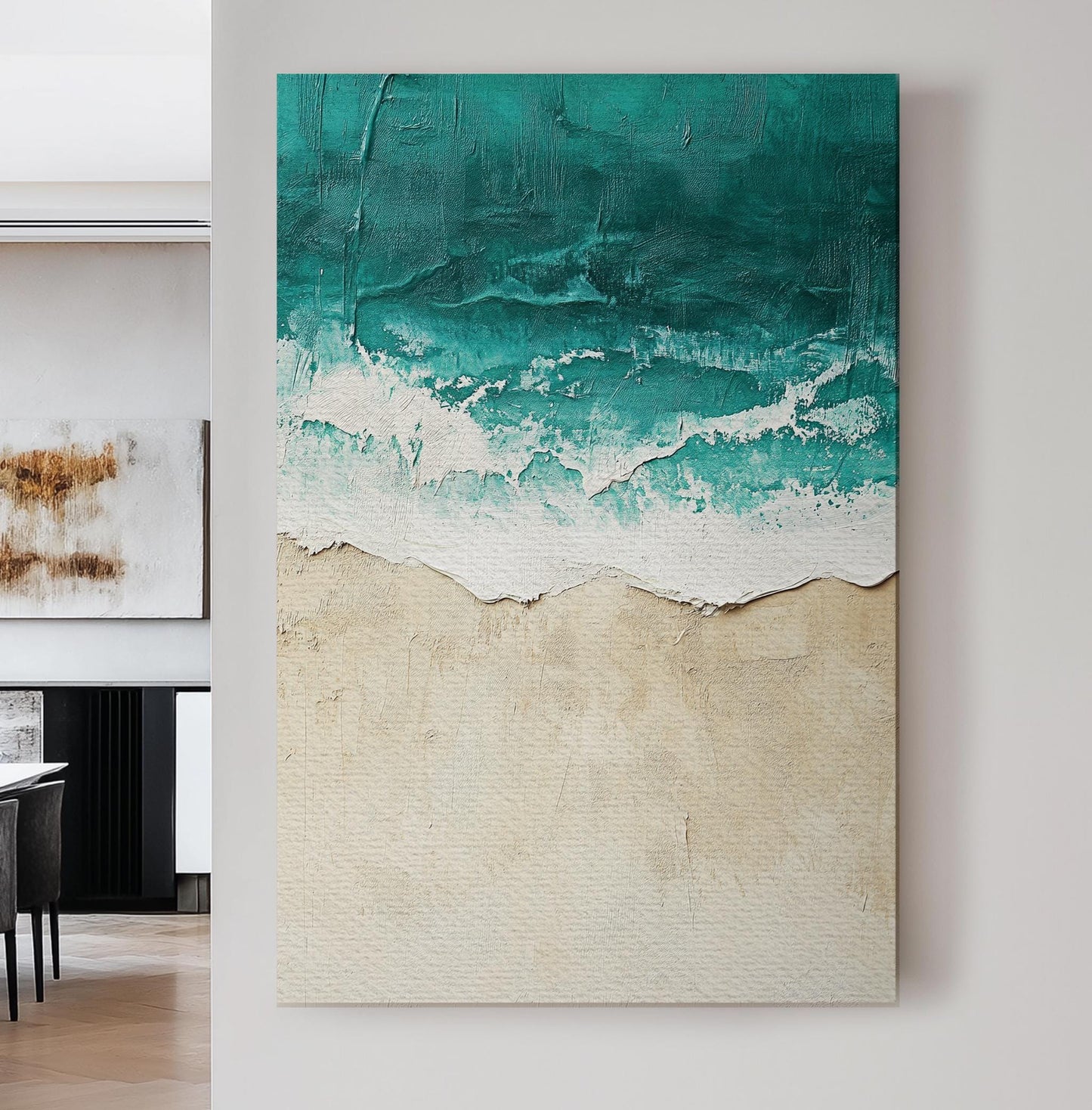 Ocean Wave Impasto Canvas Art | Textural Seascape Print | Coastal Bohemian Wall Art For Living Room | Seashell Beige Art Vertical Canvas