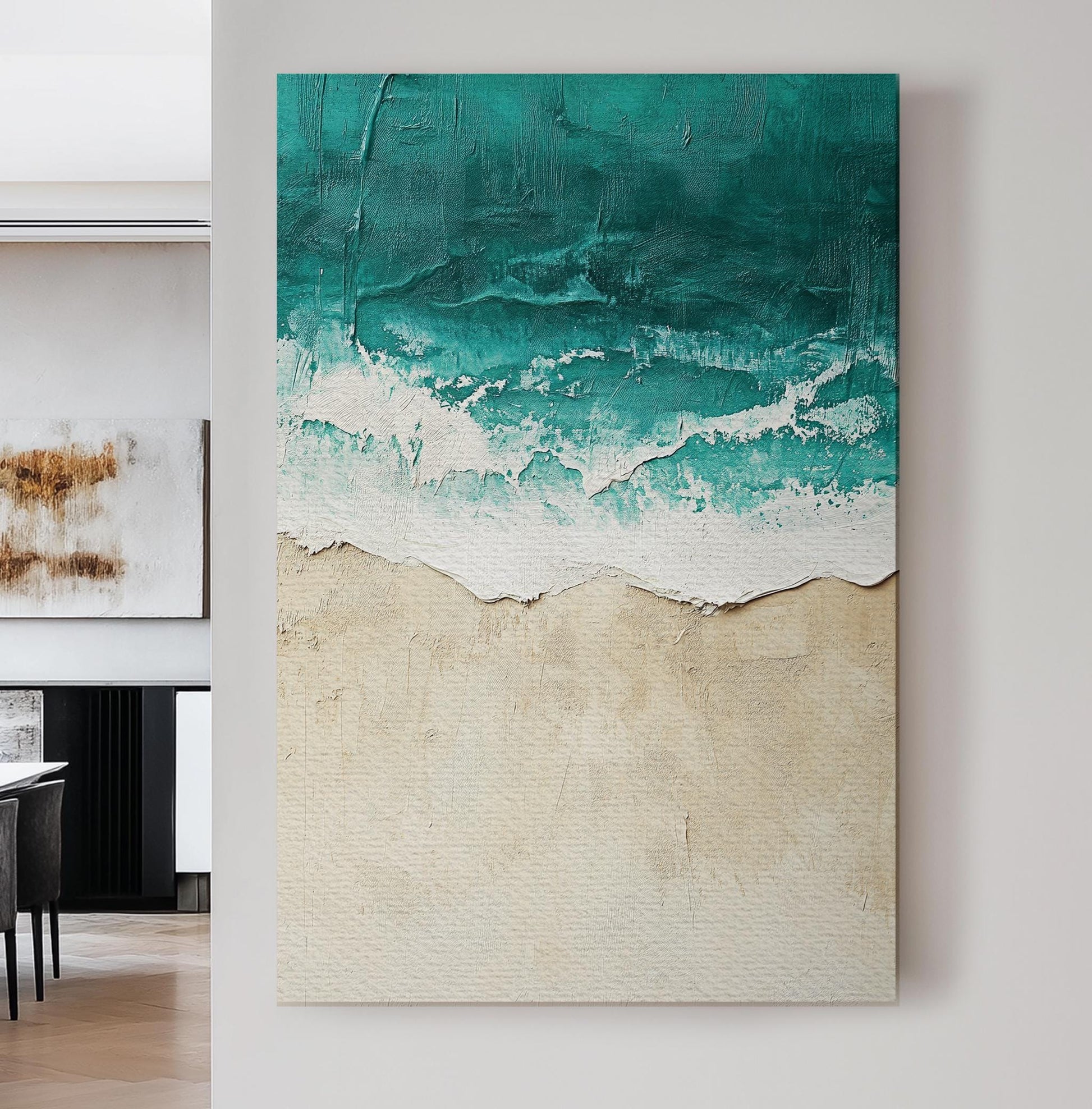 Ocean Wave Impasto Canvas Art | Textural Seascape Print | Coastal Bohemian Wall Art For Living Room | Seashell Beige Art Vertical Canvas