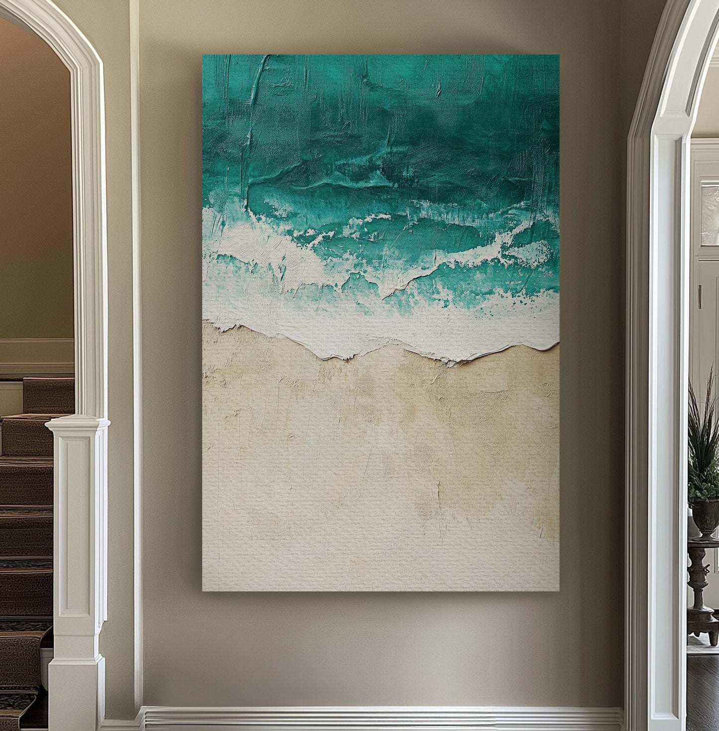 Ocean Wave Impasto Canvas Art | Textural Seascape Print | Coastal Bohemian Wall Art For Living Room | Seashell Beige Art Vertical Canvas