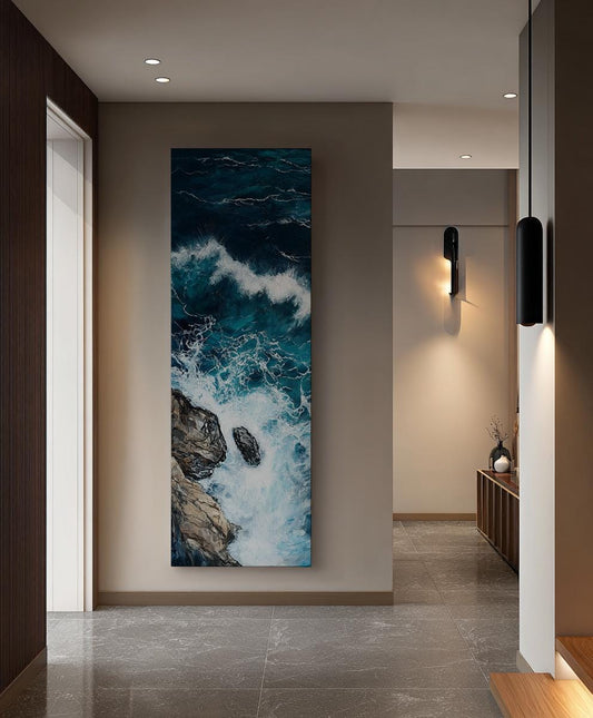 Ocean Wave Crashing | Impasto Texture Print | Coastal Bohemian Wall Art For Living Room | Seafoam Slate Blue Art Long Vertical Art