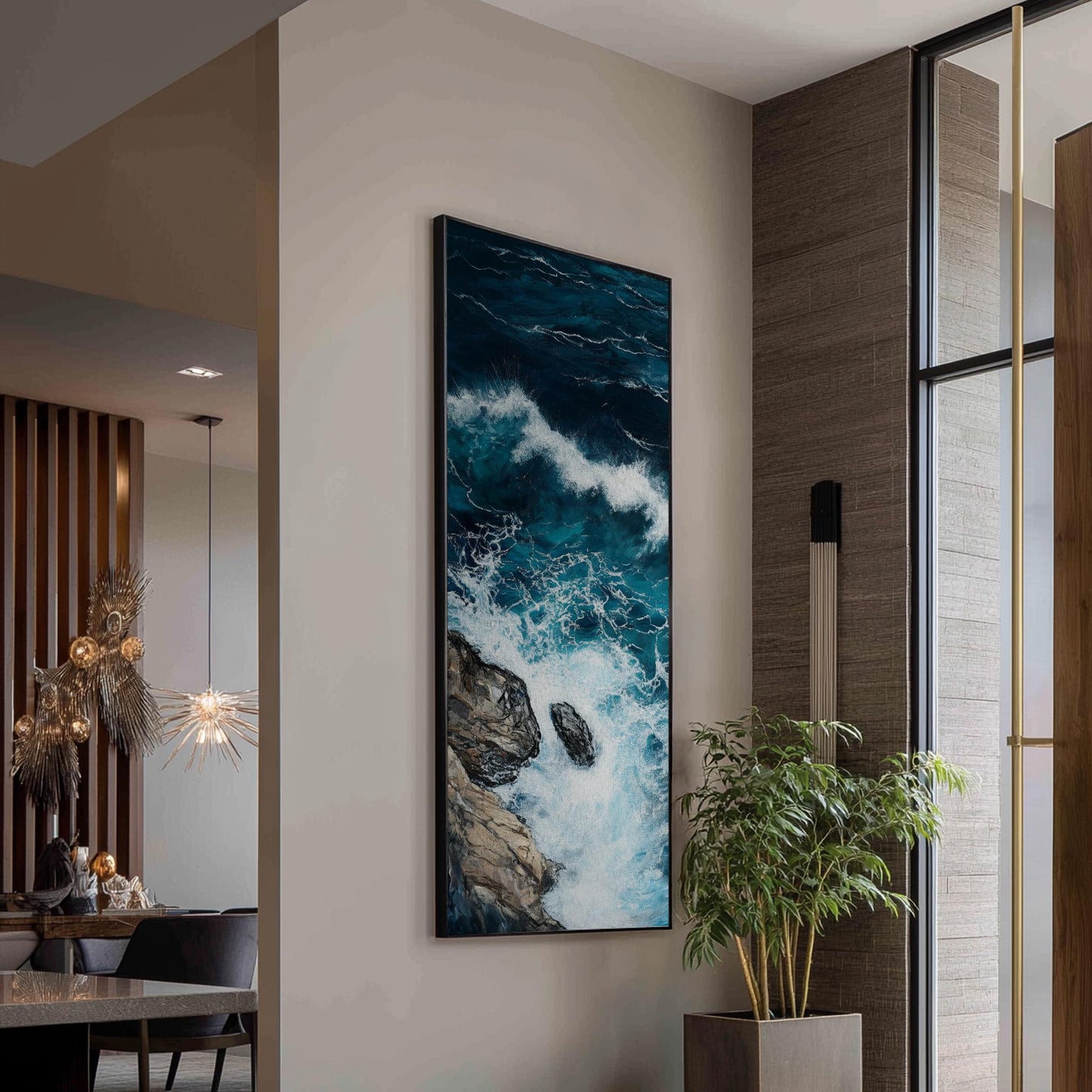 Ocean Wave Crashing | Impasto Texture Print | Coastal Bohemian Wall Art For Living Room | Seafoam Slate Blue Art Long Vertical Art