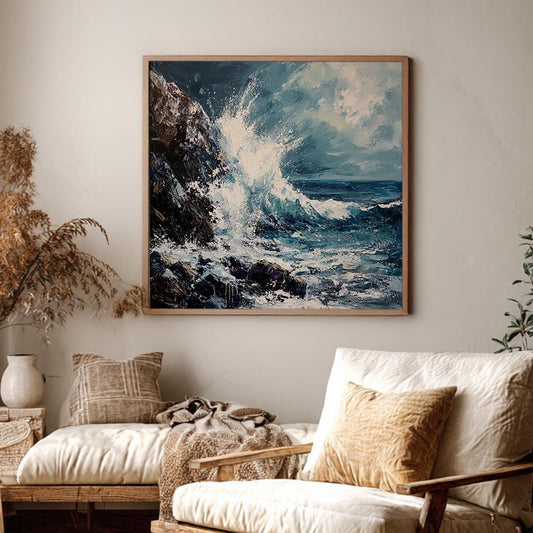 Ocean Wave Crashing Canvas Art | Impasto Palette Knife Print | Coastal Bohemian Wall Art For Living Room Square Canvas Art