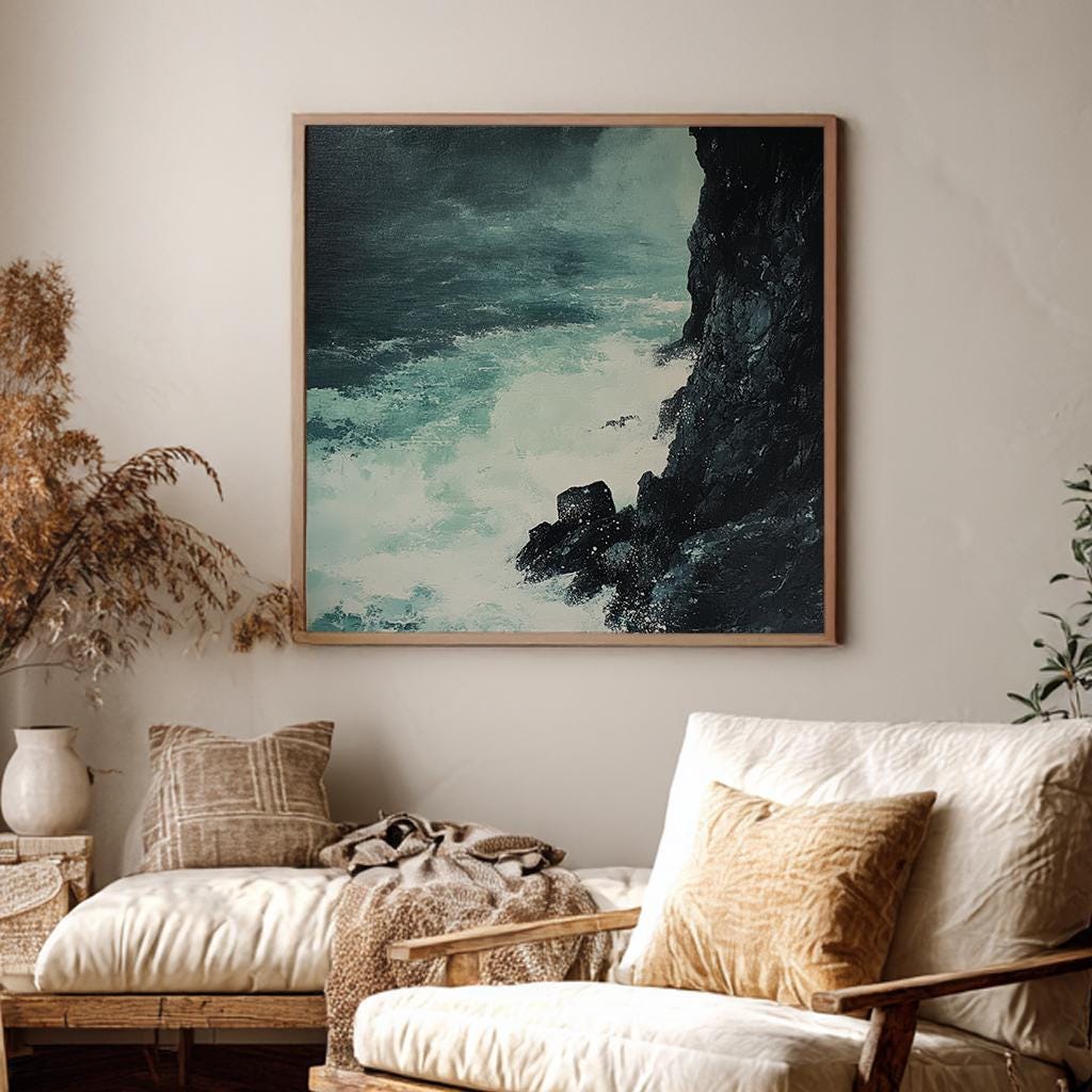 Ocean Wave Crash | Impasto Print | Coastal Living Room Wall Art For Living Room | Seafoam Green Art | Tranquil Decor Square Canvas Art