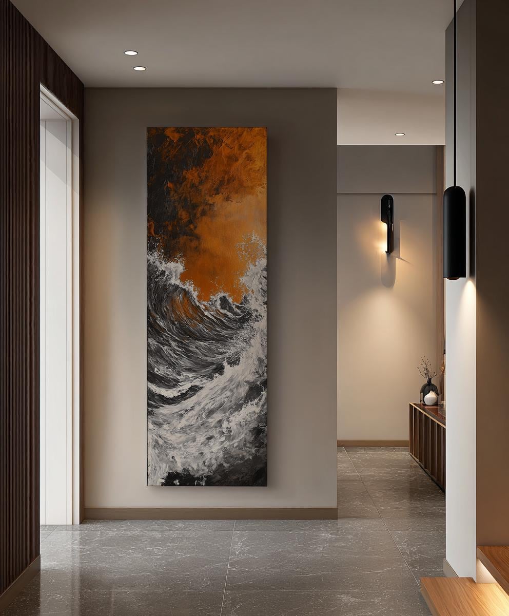 Ocean Wave Canvas Art | Impasto Textural Print | Coastal Living Room Wall Art For Living Room | Burnt Sienna Oyster Art Long Vertical Art