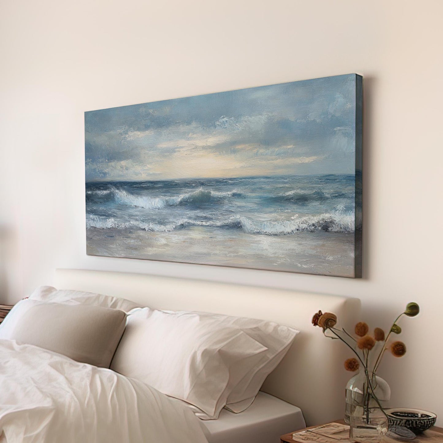 Ocean Wave Canvas Art | Impasto Seascape Print | Coastal Living Room Wall Art For Living Room | Seashell Beige Art Horizontal Art
